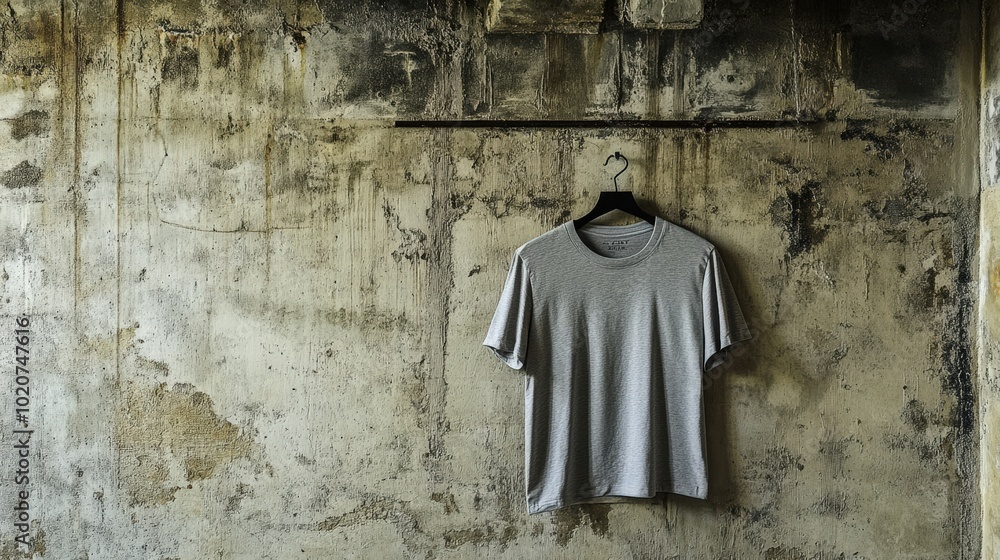 Naklejka premium Minimalist gray t-shirt hanging on weathered wall