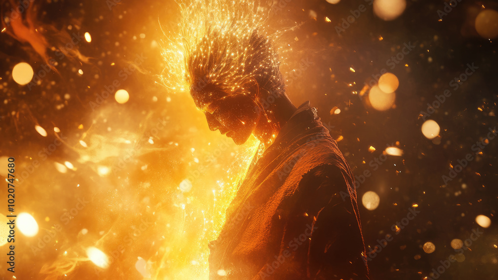 Fiery Silhouette of a Human Figure Engulfed in Golden Sparks Fiery Silhouette of a Human Figure Engulfed in Golden Sparks