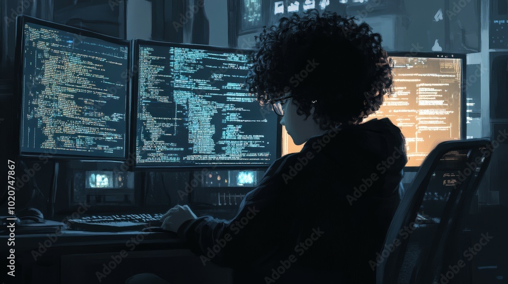 Hacker working on computer code in dark room Hacker working on computer code in dark room