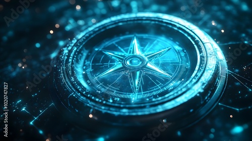 Wallpaper Mural Light blue holographic compass representing digital navigation, featuring glowing particles and circular data visualization, set against an abstract background with a sci-fi aesthetic. Torontodigital.ca