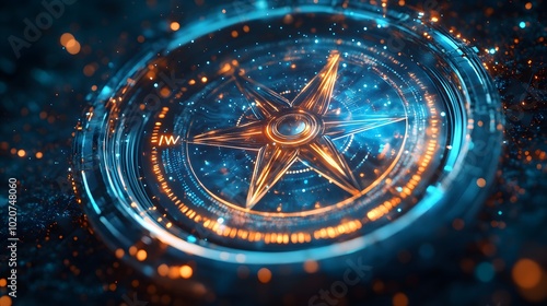 Light blue holographic compass representing digital navigation, featuring glowing particles and circular data visualization, set against an abstract background with a sci-fi aesthetic.