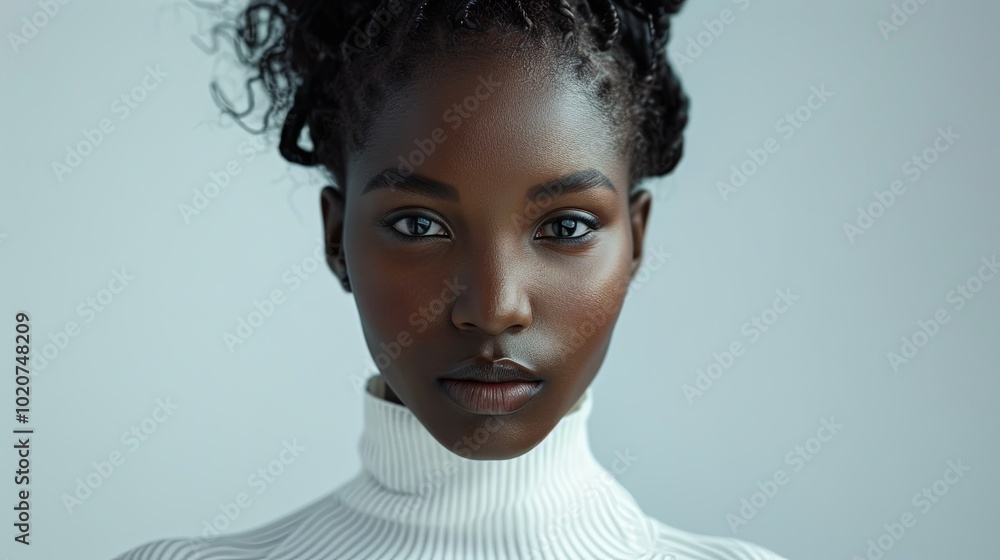 photo shoot has a dark-toned aesthetic, showcasing an African American woman with a white color scheme. The image emphasizes product photography, interconnections, and advertisement themes photo shoot has a dark-toned aesthetic, showcasing an African American woman with a white color scheme. The image emphasizes product photography, interconnections, and advertisement themes