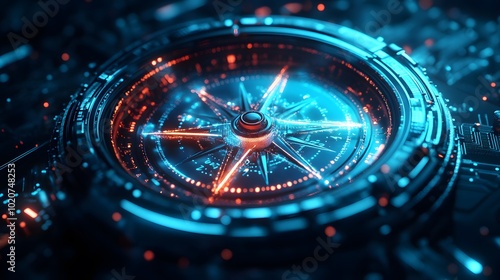 Wallpaper Mural Light blue holographic compass representing digital navigation, featuring glowing particles and circular data visualization, set against an abstract background with a sci-fi aesthetic. Torontodigital.ca