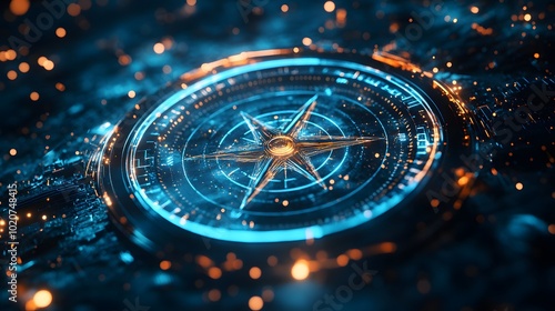 Wallpaper Mural Light blue holographic compass representing digital navigation, featuring glowing particles and circular data visualization, set against an abstract background with a sci-fi aesthetic. Torontodigital.ca
