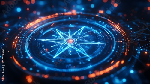 Wallpaper Mural Light blue holographic compass representing digital navigation, featuring glowing particles and circular data visualization, set against an abstract background with a sci-fi aesthetic. Torontodigital.ca