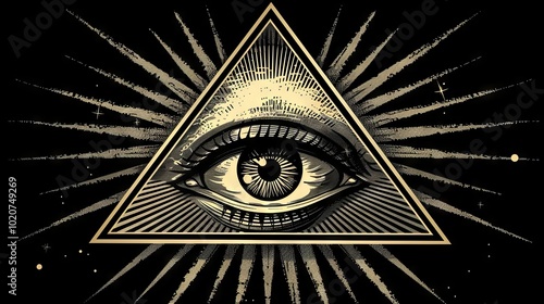 All-Seeing Eye, an Illuminati symbol within a triangle surrounded by rays of light, designed as a tattoo and isolated on a black background photo