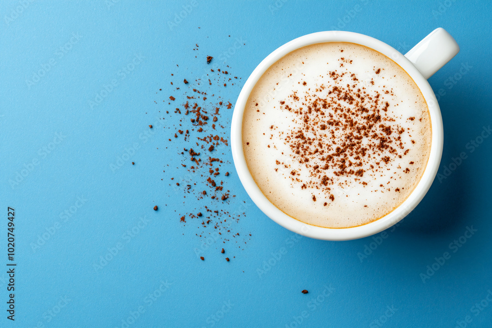 White cap of cappuccino with milk foam on bright blue turquoise background. Flat lay with black hot coffee mug. Coffee love minimal trendy concept. top view backdorp with copy space. White cap of cappuccino with milk foam on bright blue turquoise background. Flat lay with black hot coffee mug. Coffee love minimal trendy concept. top view backdorp with copy space.