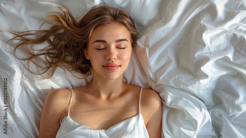 A beautiful young woman sleeping while lying in a white bed, viewed from above A beautiful young woman sleeping while lying in a white bed, viewed from above