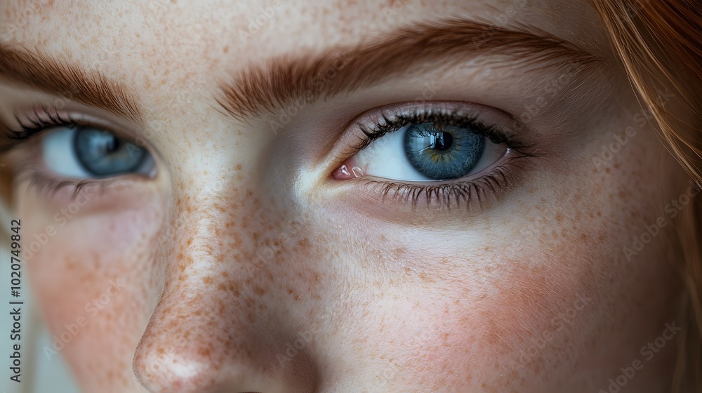 Macro shot capturing pale porcelain skin and piercing blue eyes with delicate eyelashes, enhanced by ethereal lighting and soft focus for a hyper-realistic portrait. Macro shot capturing pale porcelain skin and piercing blue eyes with delicate eyelashes, enhanced by ethereal lighting and soft focus for a hyper-realistic portrait.