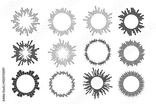 Circular sound waveform. Music equalizer bar set. Vector illustrations isolated on white background.