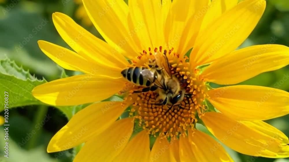 A close-up of a honey bee collecting pollen from a bright yellow sunflower, with its wings sparkling under the sunlight A close-up of a honey bee collecting pollen from a bright yellow sunflower, with its wings sparkling under the sunlight