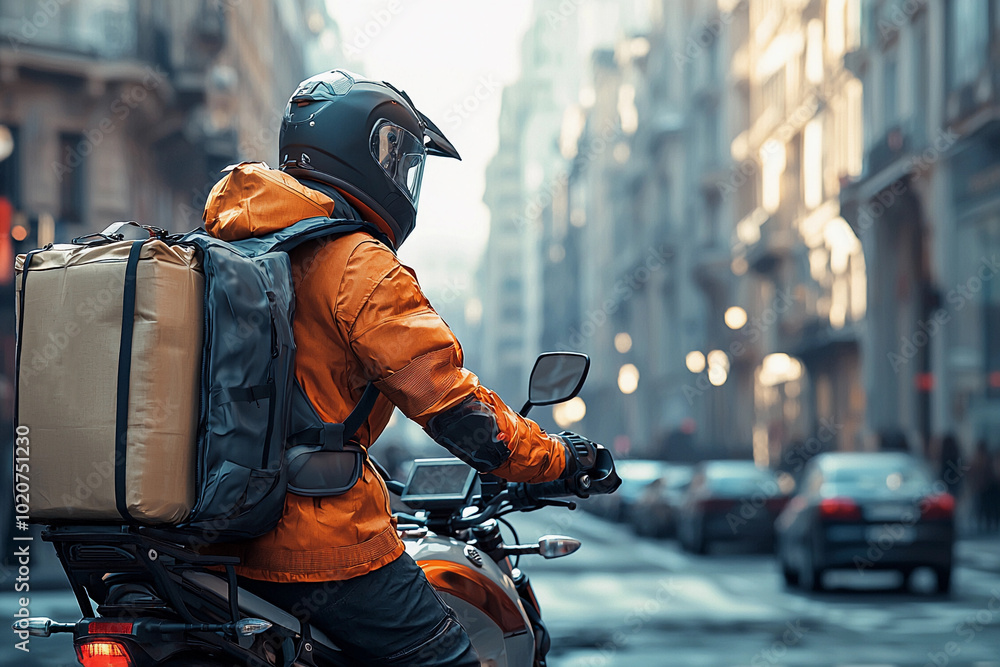 Delivery rider navigating the urban streets on a motorcycle in autumn Delivery rider navigating the urban streets on a motorcycle in autumn