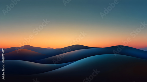 A stylized landscape with rolling hills and a sunset in pastel colors. Pastel landscape.