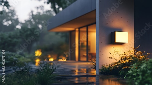 Wallpaper Mural Modern house exterior illuminated at dusk, featuring warm ambient lighting from a square wall sconce, textured concrete walls, and a muted color palette for a tranquil atmosphere. Torontodigital.ca