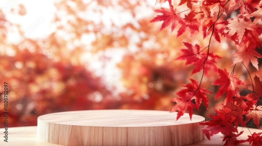Autumnal Wooden Platform with Red Maple Leaves Autumnal Wooden Platform with Red Maple Leaves