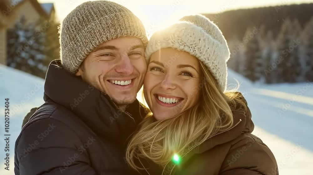 A couple is smiling and hugging each other in the snow. The man is wearing a black coat and the woman is wearing a white hat A couple is smiling and hugging each other in the snow. The man is wearing a black coat and the woman is wearing a white hat