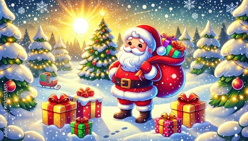 A festive cartoon illustration of Santa Claus standing with a big sack of gifts in a snowy clearing, surrounded by Christmas trees and glowing lights