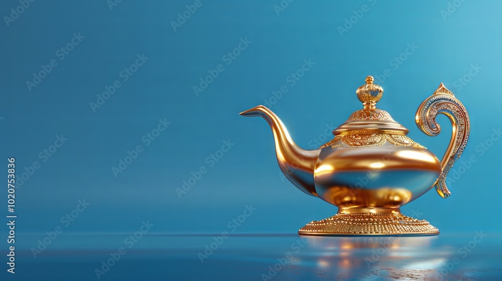Fototapeta premium A golden enchanted Aladdin’s lamp on a blue backdrop 