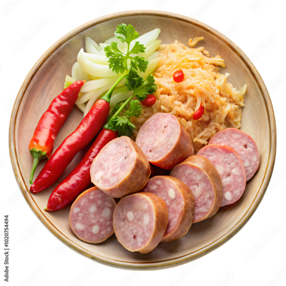 A plate of Northern-style fermented pork sausage, sliced and served with fresh chili, ginger, and cabbage, isolated on white background. A plate of Northern-style fermented pork sausage, sliced and served with fresh chili, ginger, and cabbage, isolated on white background.