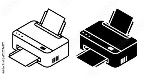 Linear icon, Isometric inkjet printer. Printing documents in office using copiers. Simple black and white vector isolated on white background