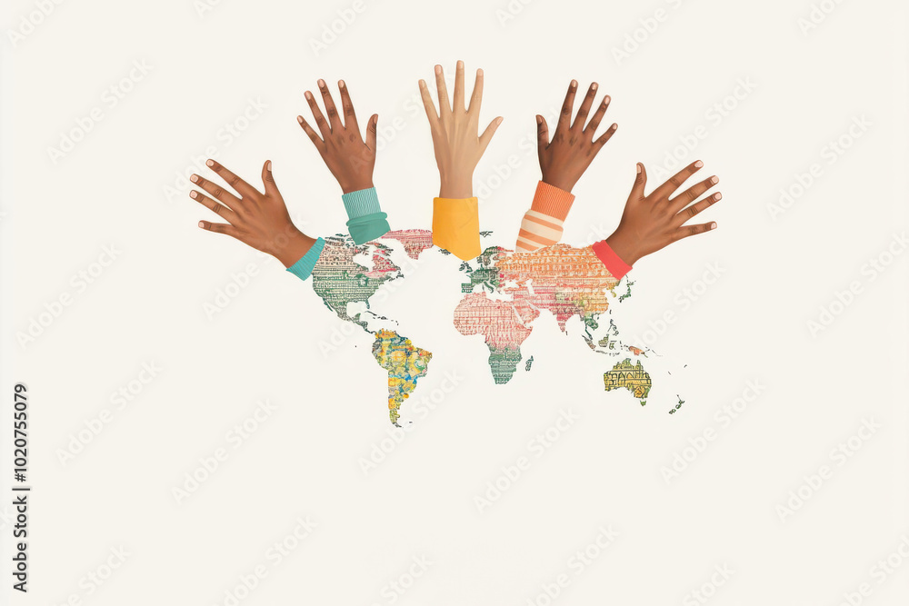 Obraz premium Global team working together, promoting equity and the essence of humanity, flat design illustration