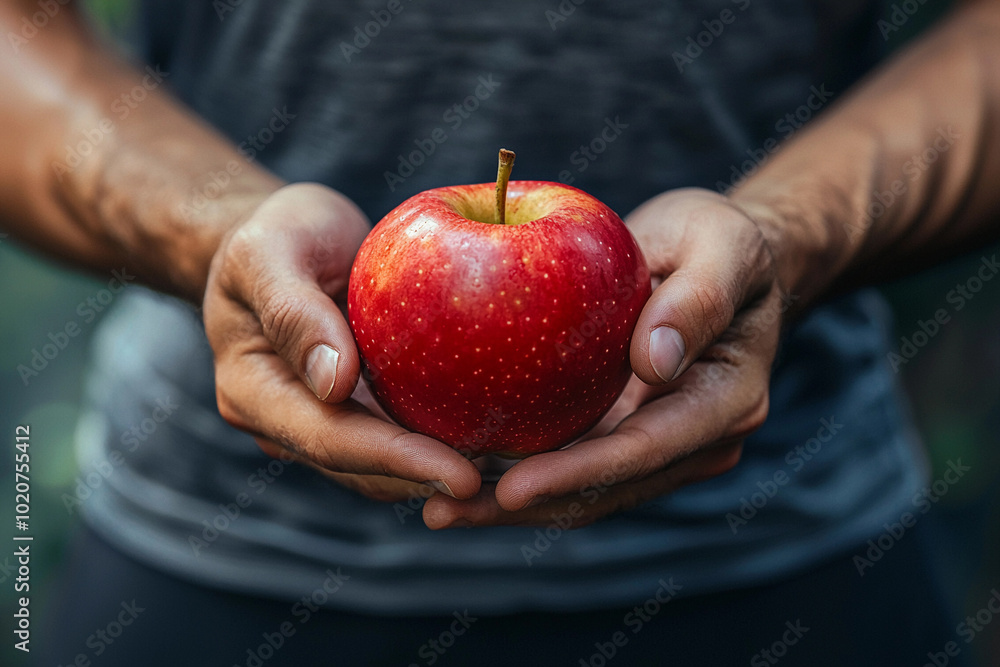 A man holds a fresh red apple in his hands outdoors A man holds a fresh red apple in his hands outdoors