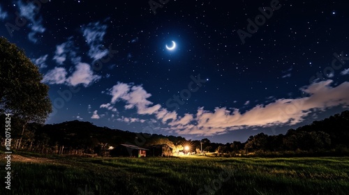 Starry night sky over a rural landscape