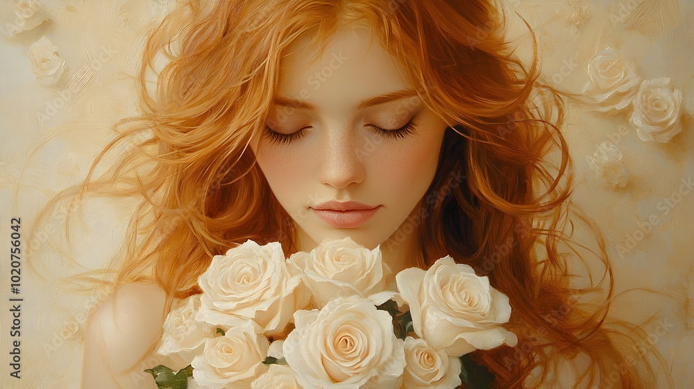 Close-up of a peaceful redhead woman with flowing hair, tenderly holding a bouquet of fresh roses, soft natural light, detailed petals, oil painting, muted tones Close-up of a peaceful redhead woman with flowing hair, tenderly holding a bouquet of fresh roses, soft natural light, detailed petals, oil painting, muted tones