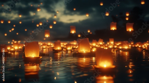 Floating lanterns lighting up the night sky over a body of water