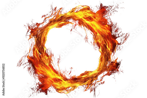 A perfect circular ring of fire with a mix of red and yellow flames on a bright white background,