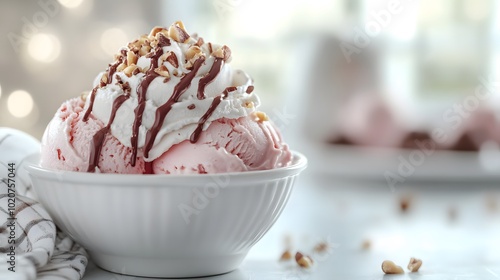 Pink ice cream sundae in a white bowl, drizzled with chocolate sauce and topped with whipped cream. Bright natural lighting captures the dessert's creamy texture and pastel colors enticingly. photo