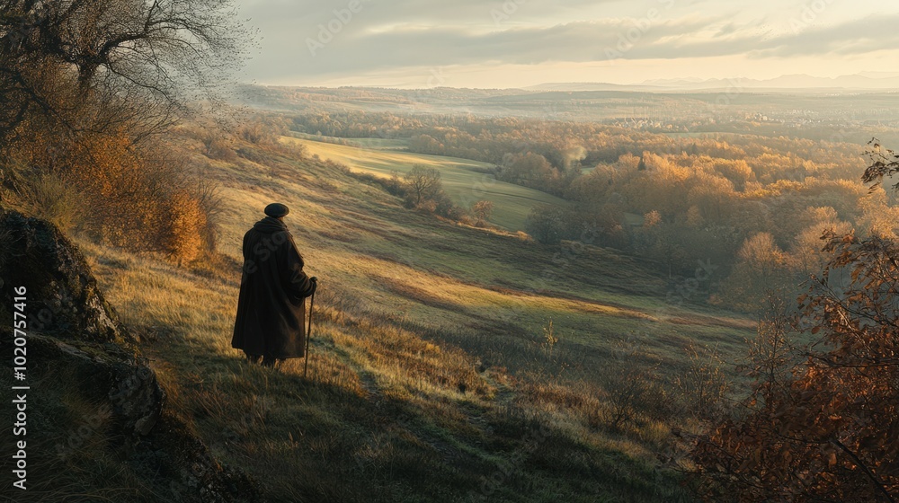Lone figure overlooking scenic autumn landscape Lone figure overlooking scenic autumn landscape