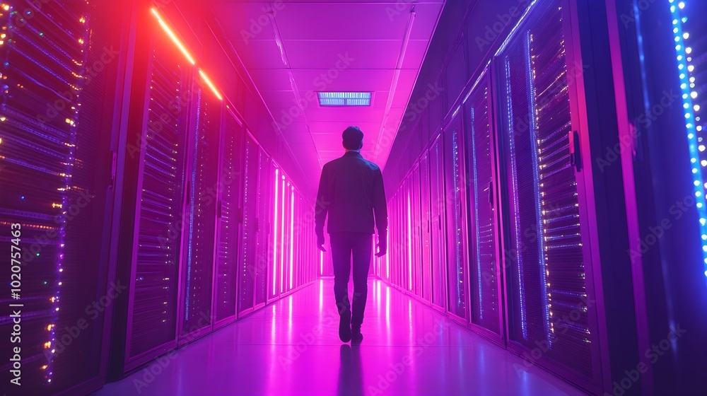 An IT professional walks through a data center with futuristic lighting, glowing cables, and advanced server racks, immersed in vibrant, neon colors An IT professional walks through a data center with futuristic lighting, glowing cables, and advanced server racks, immersed in vibrant, neon colors