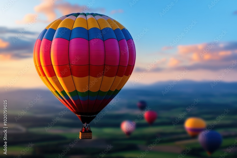 Obraz premium A group of vivid hot air balloons soars over a serene landscape, capturing a sense of freedom and adventure against a brilliantly painted sky at dawn.
