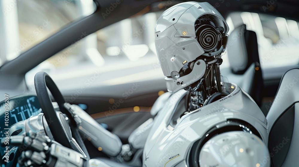 Fototapeta premium Robot driving white car, future technology concept 
