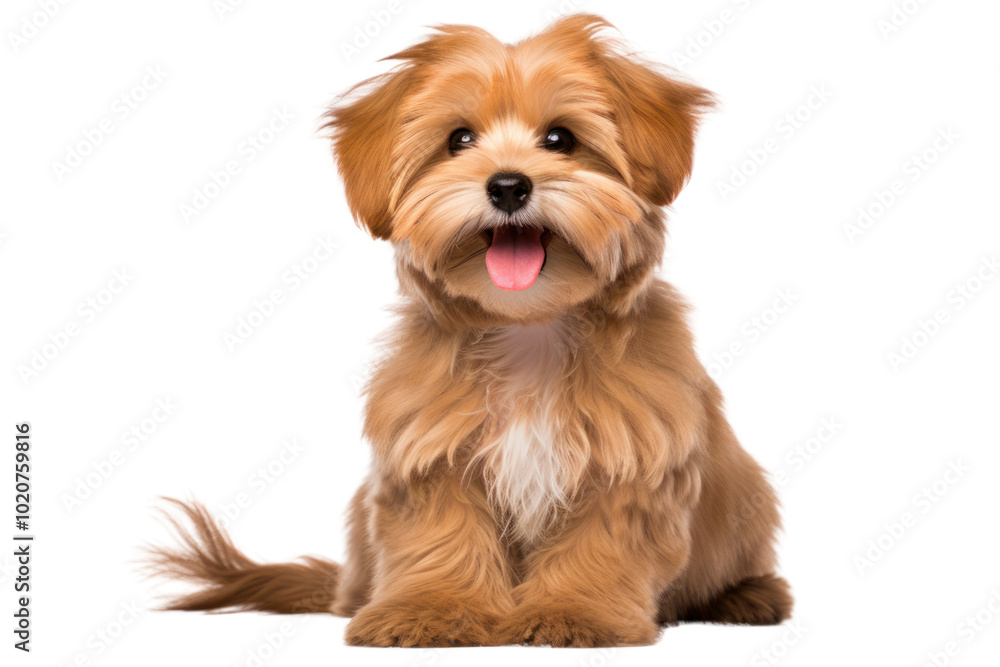 A lively reddish Havanese puppy dog sitting in a frontal view, radiating happiness on a white background. A lively reddish Havanese puppy dog sitting in a frontal view, radiating happiness on a white background.