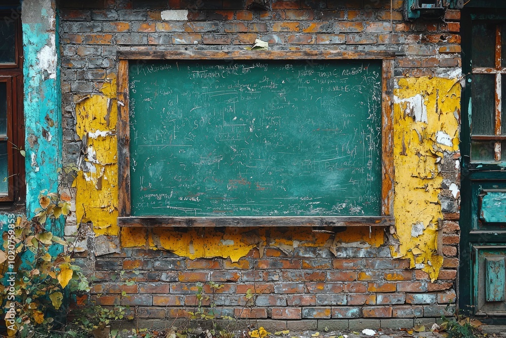 Naklejka premium Weathered Brick Wall with a Chalkboard and Peeling Paint