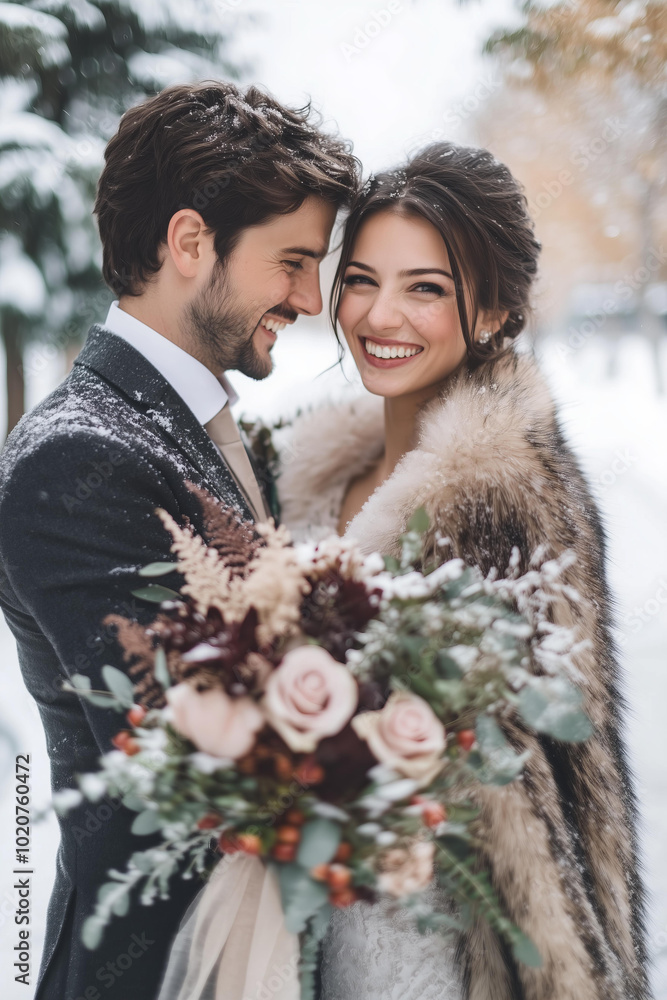 happy groom and happy brunette bride in her wedding dress, laughing and holding wedding bouquet while standing on the snow-covered ground of European old beautiful snowy street during winter. happy groom and happy brunette bride in her wedding dress, laughing and holding wedding bouquet while standing on the snow-covered ground of European old beautiful snowy street during winter.