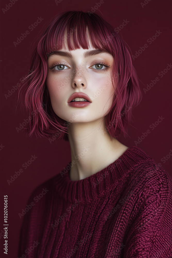 woman model with a burgundy pink bob haircut, bangs, and a burgundy background, wearing a burgundy sweater, with natural makeup