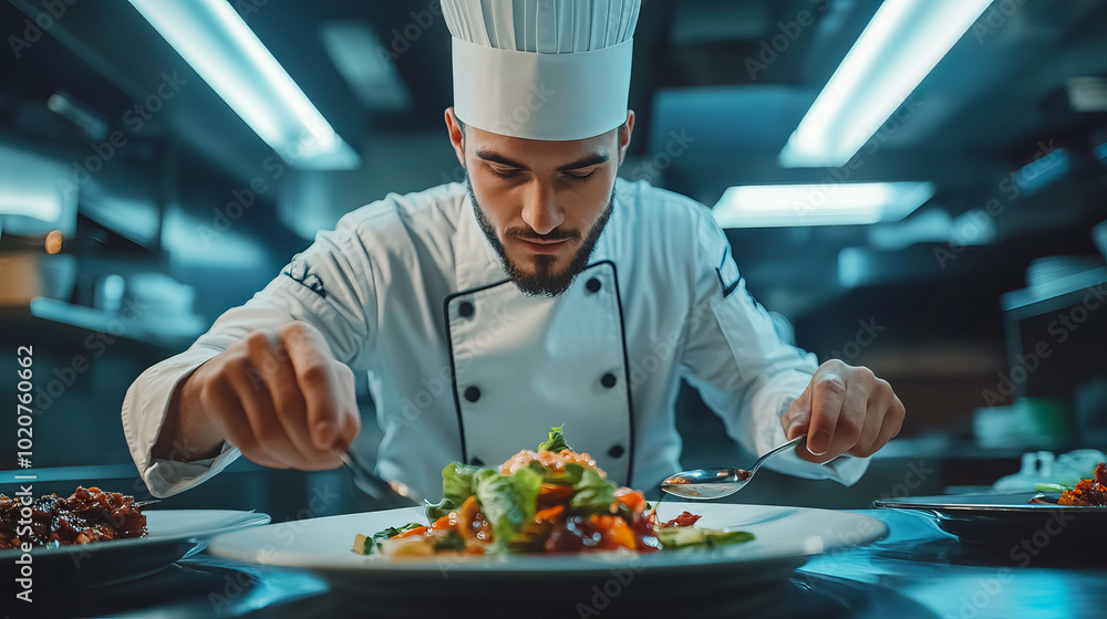 Chef in Professional Kitchen Plating a Gourmet Dish Chef in Professional Kitchen Plating a Gourmet Dish