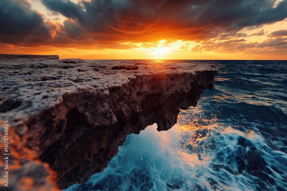 Fototapeta premium Waves crash against a jagged cliff at sunset, the sky ablaze with stunning colors, showcasing the raw power and beauty of the natural oceanic landscape.