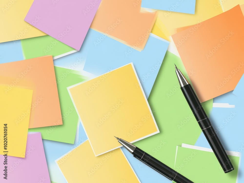 A vibrant arrangement of colorful sticky notes and pens, ideal for brainstorming, reminders, or organizing thoughts. A vibrant arrangement of colorful sticky notes and pens, ideal for brainstorming, reminders, or organizing thoughts.