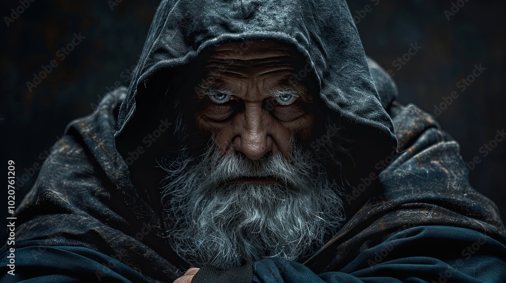 The wise old wizard, clad in a hooded cloak, has his hood pulled down over his face, obscuring his eyes. With his arms crossed over his chest, he is scheming a dark sorcery The wise old wizard, clad in a hooded cloak, has his hood pulled down over his face, obscuring his eyes. With his arms crossed over his chest, he is scheming a dark sorcery