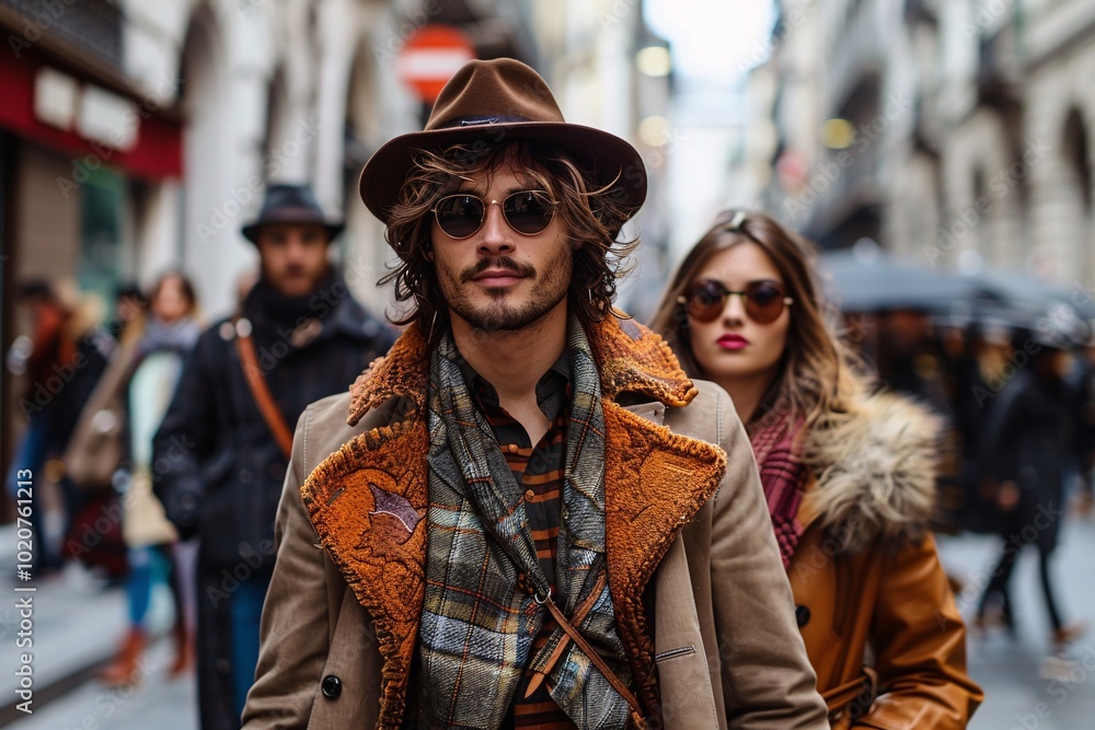 A stylish couple walks confidently down a bustling city street, showcasing their trendy outfits and sunglasses while surrounded by city life and other pedestrians on an overcast day A stylish couple walks confidently down a bustling city street, showcasing their trendy outfits and sunglasses while surrounded by city life and other pedestrians on an overcast day