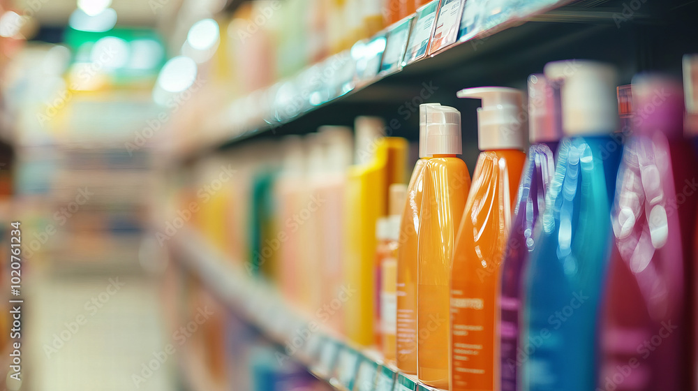 Colorful Shampoo Bottles on Retail Shelf Display Colorful Shampoo Bottles on Retail Shelf Display