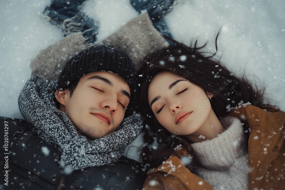 couple lying on the snow, both have their eyes closed . The photo was taken from above, snowfall, cinematic style couple lying on the snow, both have their eyes closed . The photo was taken from above, snowfall, cinematic style