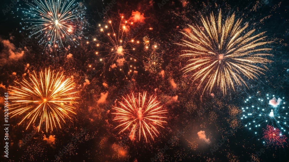 Naklejka premium Vibrant fireworks display in the night sky