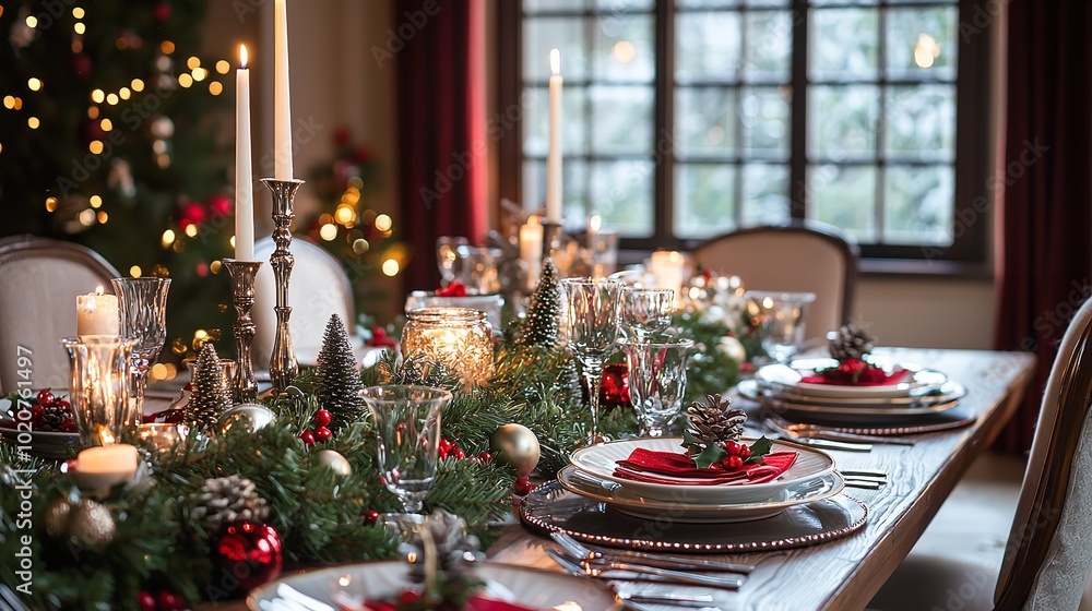 Elegant Christmas table setting with candles, decorations, and festive ambiance creating a warm holiday atmosphere. Elegant Christmas table setting with candles, decorations, and festive ambiance creating a warm holiday atmosphere.