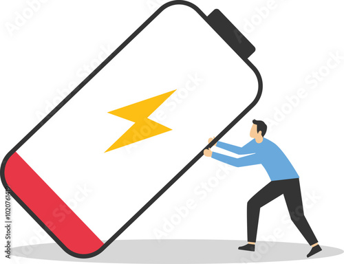 Businessman tried to prevent a large battery from falling over it. Fight burnout at work. Intolerance to burnout syndrome. Recharge energy yourself.

