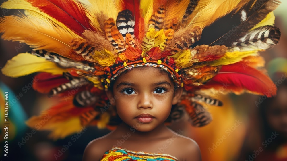 indigenous child wearing colorful feathered headdress indigenous child wearing colorful feathered headdress